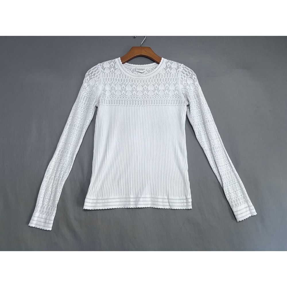 Club Monaco White Italian Yarn Pointelle Ribbed Long Sleeve Sweater XS